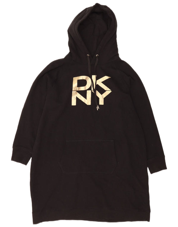Dkny Womens Long Sleeve Graphic Hoodie Dress UK 18 XL Black Cotton