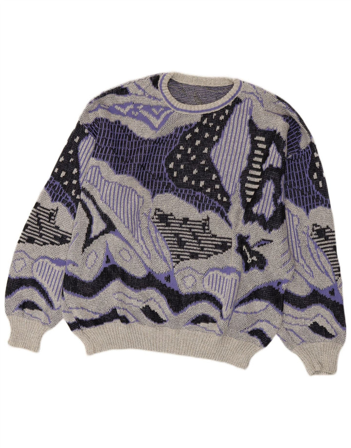VINTAGE Womens Abstract Pattern Crew Neck Jumper Sweater UK 20 2XL Grey