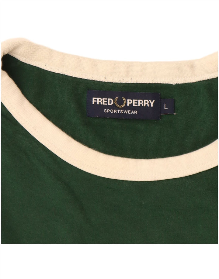 FRED PERRY Mens Graphic T-Shirt Top Large Green Colourblock Cotton
