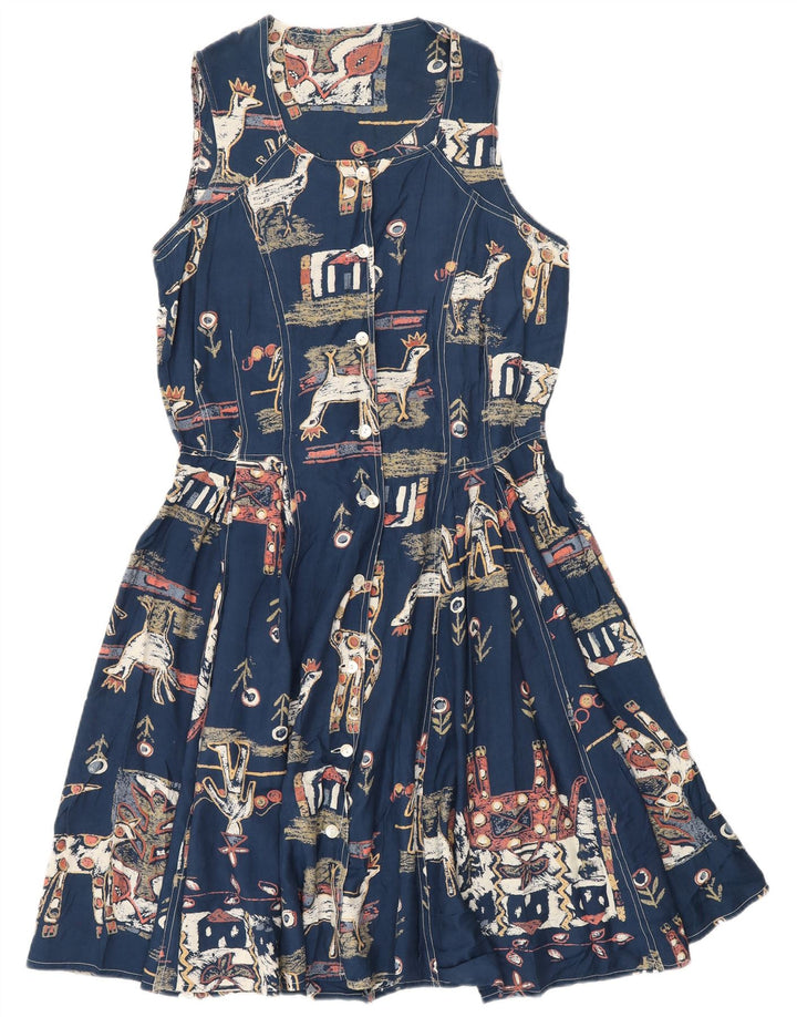 Vintage Womens Abstract Pattern A-Line Dress UK 12 Medium Navy Blue