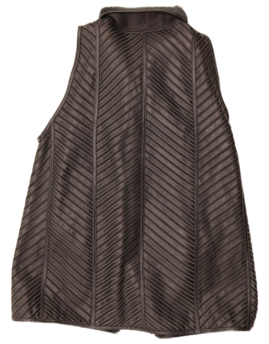 VINTAGE Womens Sherpa Longline Gilet EU 40 Medium Grey Striped Leather