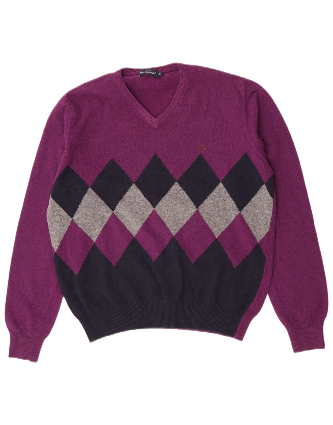 Brooksfield Mens V-Neck Jumper Sweater IT 48 Medium Purple Argyle/Diamond
