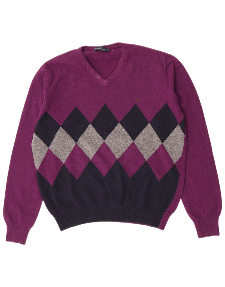 Brooksfield Mens V-Neck Jumper Sweater IT 48 Medium Purple Argyle/Diamond