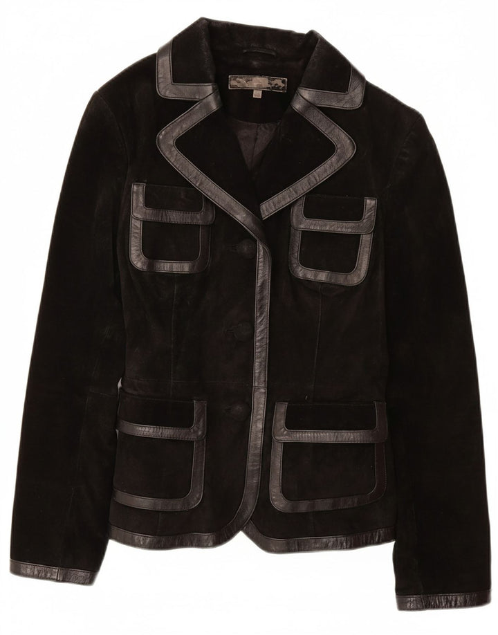 VINTAGE Womens Suede Jacket UK 12 Medium Black Leather