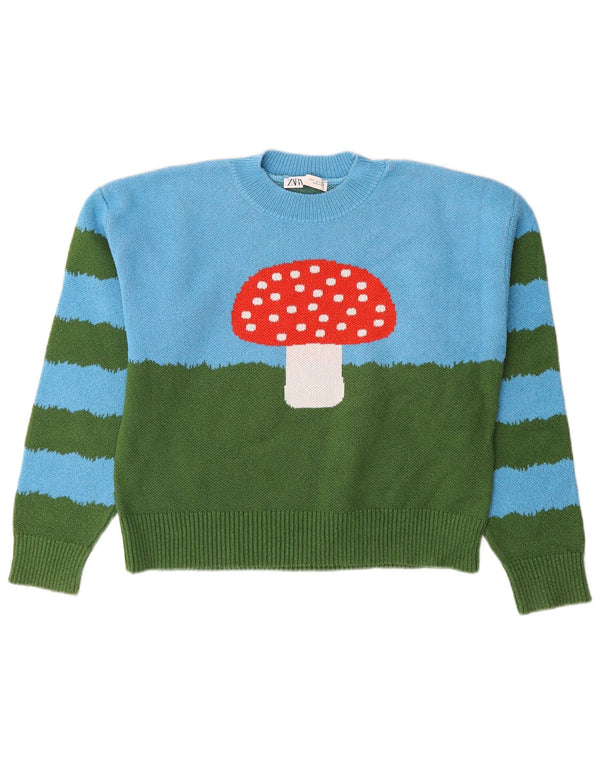 Zara Womens Graphic Crew Neck Jumper Sweater UK 16 Large Green Check Cotton