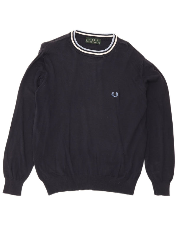 Fred Perry Mens Crew Neck Jumper Sweater Medium Navy Blue Striped Cotton