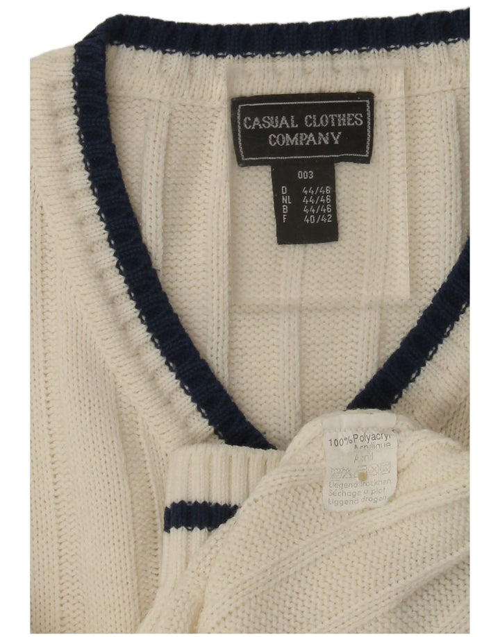 VINTAGE Mens V-Neck Jumper Sweater UK 40/42 Medium White Polyacrylic