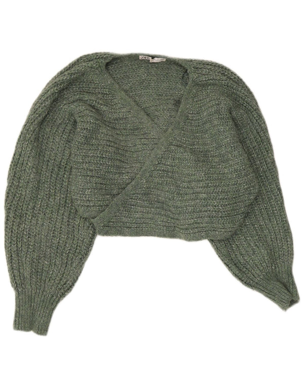 Zara Womens Crop Wrap Cardigan Sweater UK 16 Large Green Flecked Acrylic