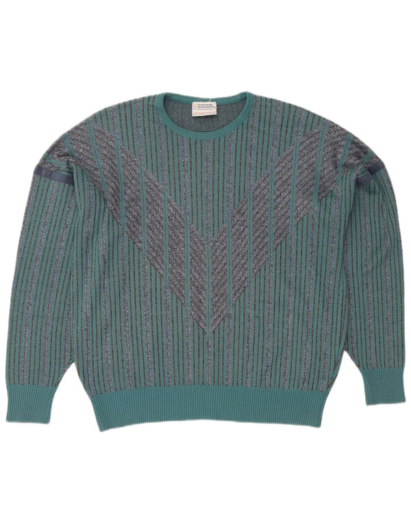 PIERRE SANGAN Mens Crew Neck Jumper Sweater Large Blue Striped Acrylic