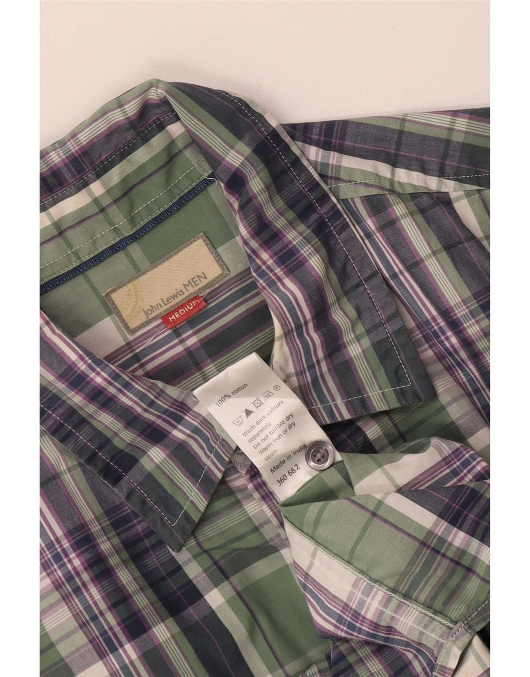 John Lewis Mens Short Sleeve Shirt Medium Green Check Cotton