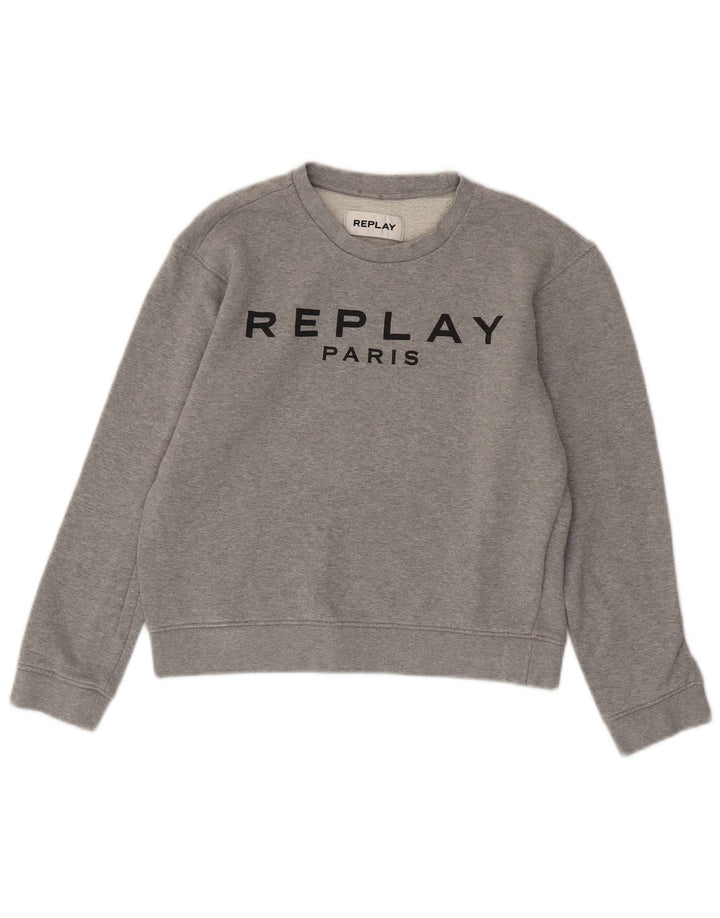 REPLAY Womens Paris Crop Graphic Sweatshirt Jumper UK 10 Small Grey Cotton