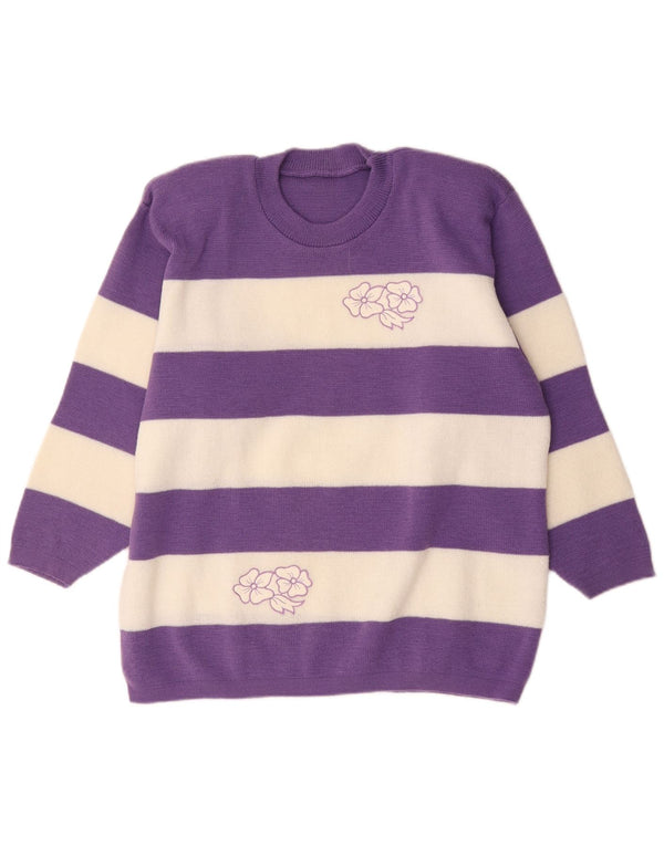 Vintage Womens Crew Neck Jumper Sweater UK 14 Large Purple Striped