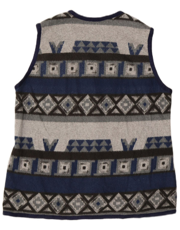 VINTAGE Womens Fleece Gilet UK 16 Large Navy Blue Geometric