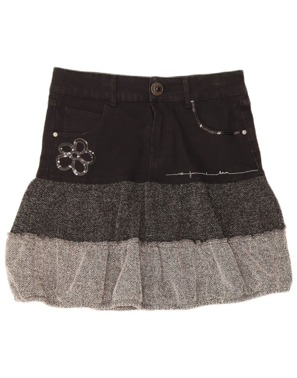 Desigual Womens Tiered Skirt EU 36 Small W28 Black Colourblock Cotton