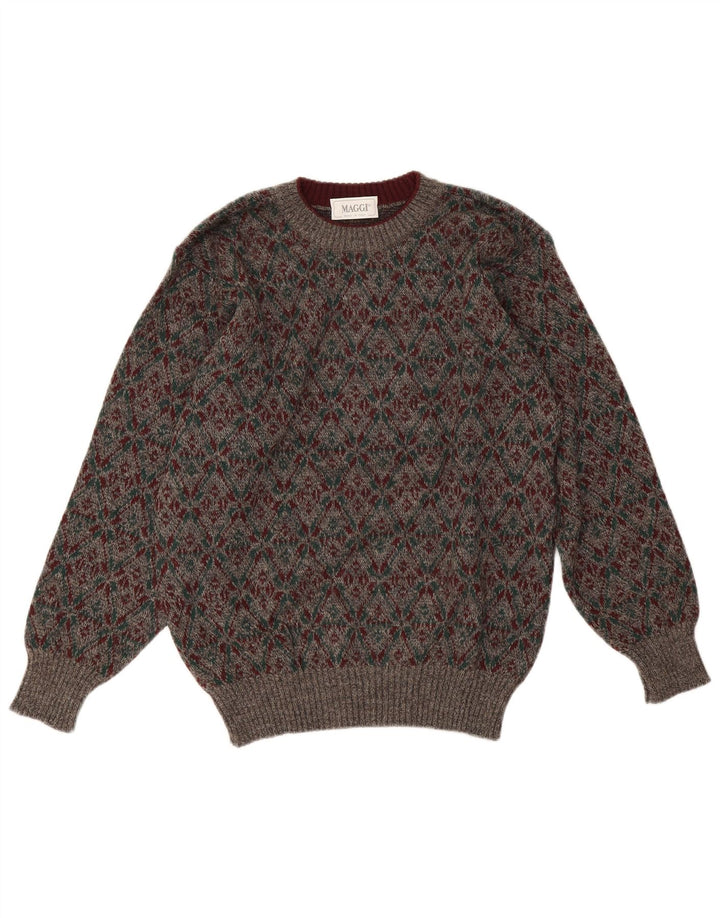 Vintage Mens Crew Neck Jumper Sweater Medium Grey Geometric Wool