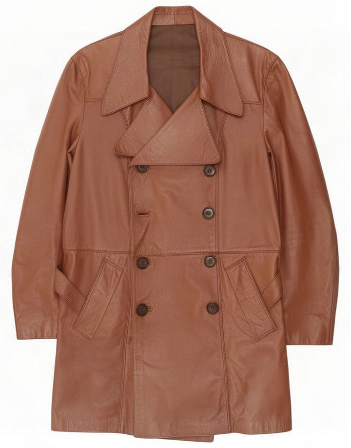 Vintage Mens Double Breasted Leather Coat UK 38 Medium Brown