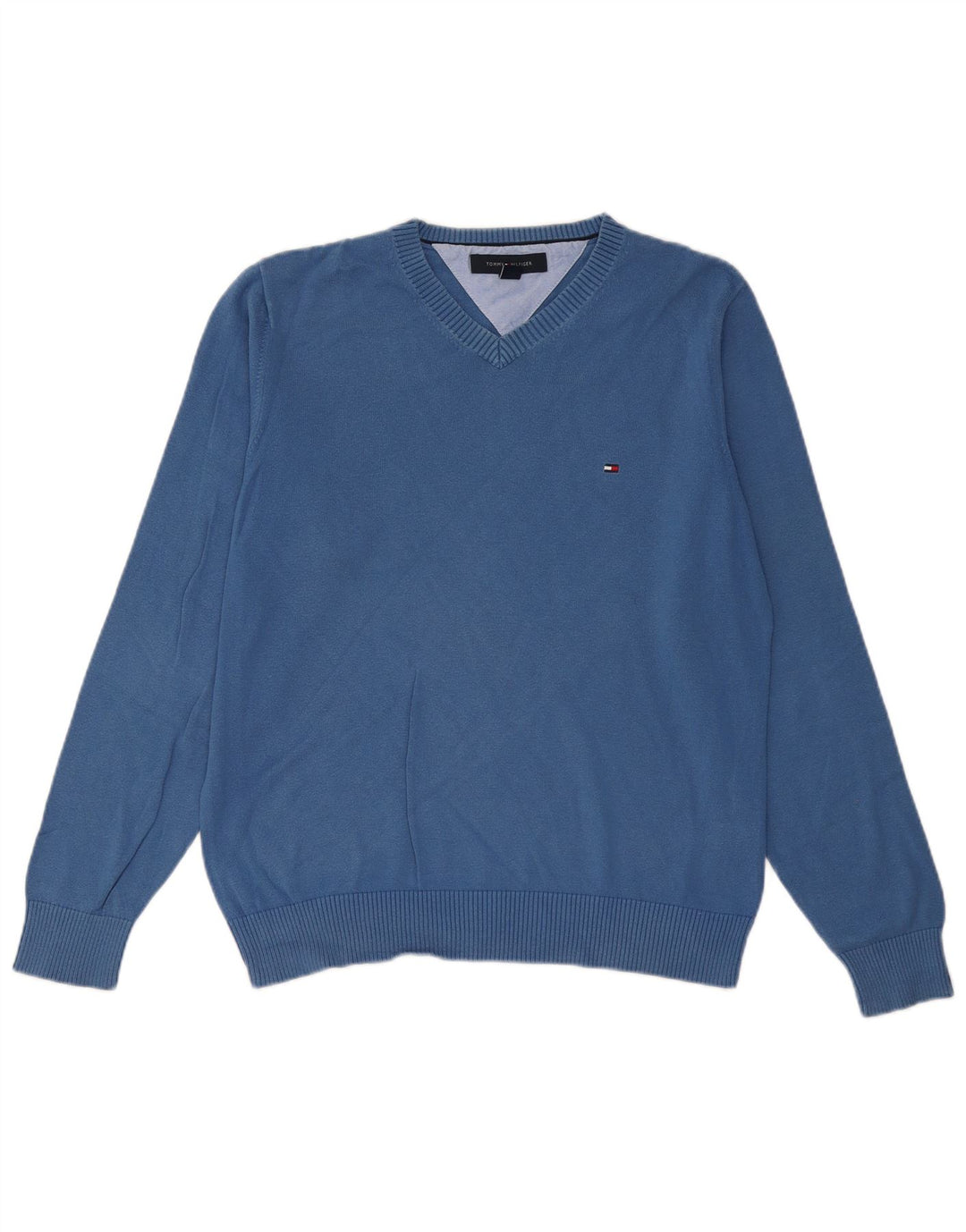 TOMMY HILFIGER Mens V-Neck Jumper Sweater Medium Blue Cotton