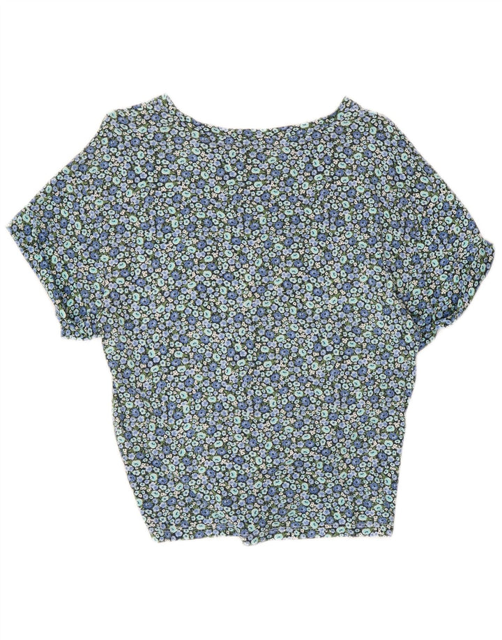 TOMMY HILFIGER Womens Crop Blouse Top UK 10 Small Blue Floral Cotton