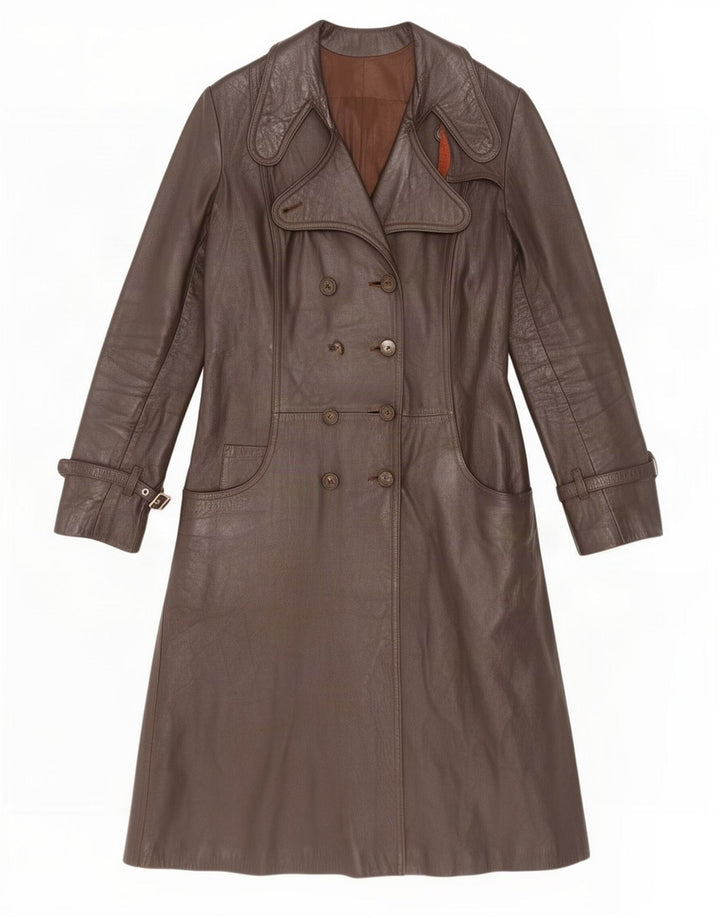 Vintage Womens Double Breasted Leather Coat UK 12 Medium Brown