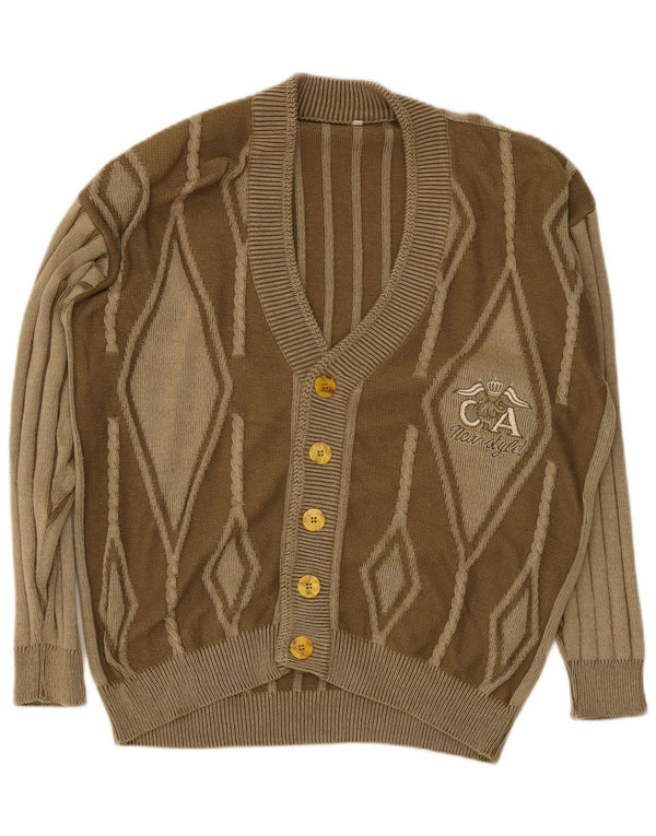 Vintage Mens Graphic Cardigan Sweater XL Brown Argyle/Diamond Cotton