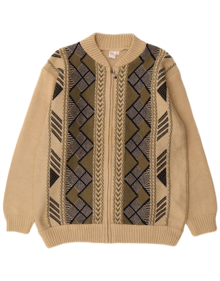 VINTAGE Mens Cardigan Sweater XL Beige Geometric Acrylic