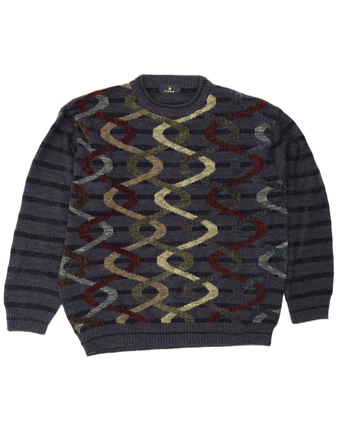 Fiume Mens Abstract Pattern Crew Neck Jumper Sweater XL Navy Blue Striped