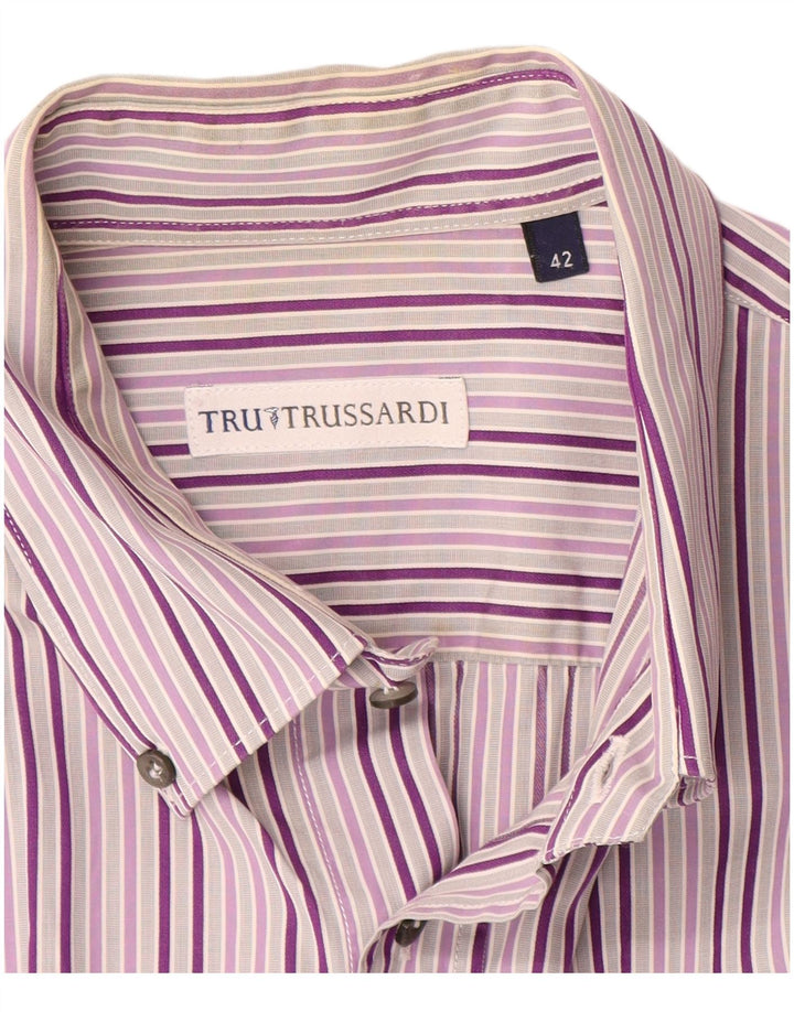 Trussardi Mens Short Sleeve Shirt Size 42 Large Purple Striped