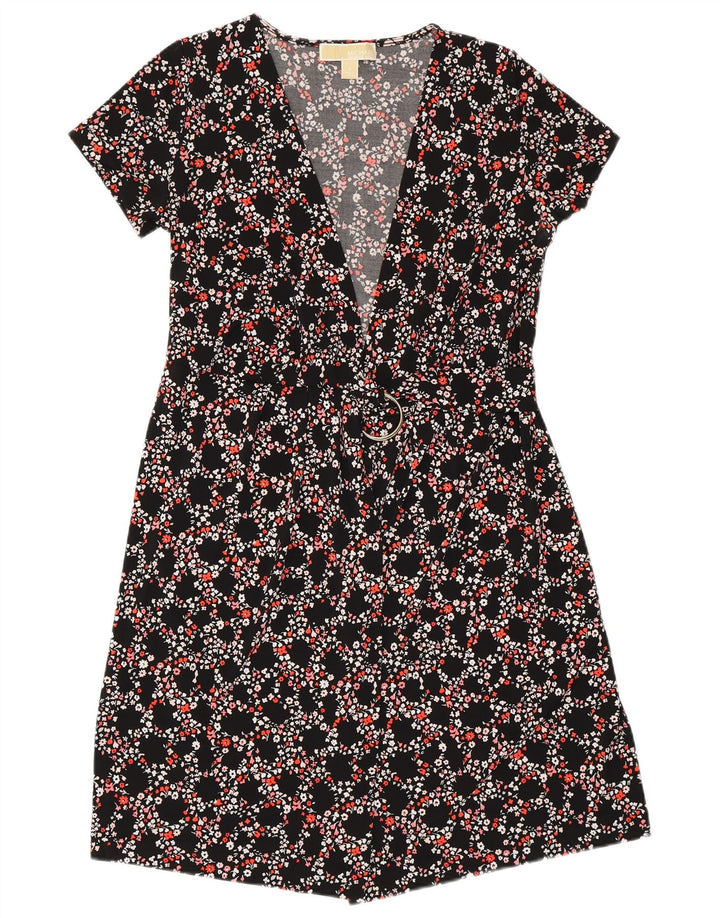 MICHAEL KORS Womens Wrap Dress UK 10 Small Black Floral Polyester