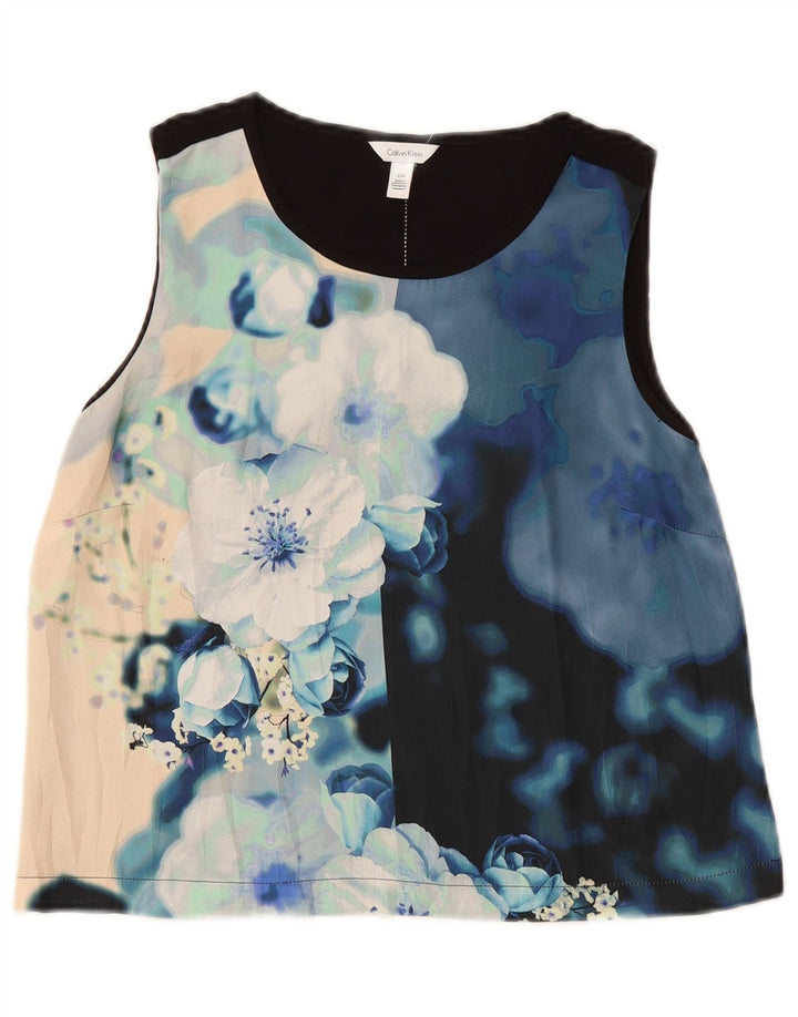 CALVIN KLEIN Womens Crop Blouse Top UK 10 Small Navy Blue Floral