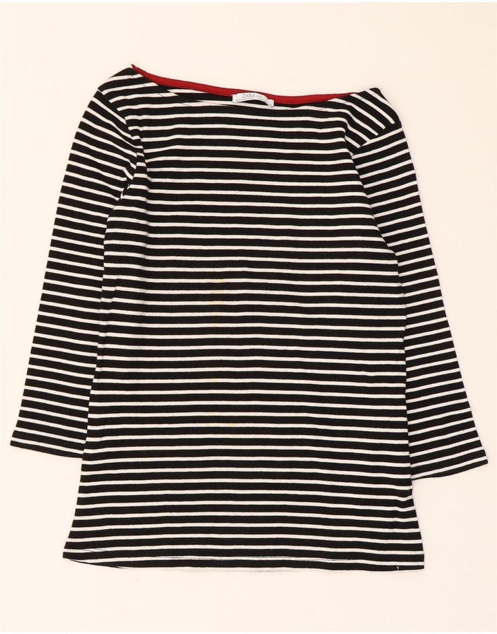 Zara Womens Crop Top 3/4 Sleeve UK 12 Medium Black Striped Nautical