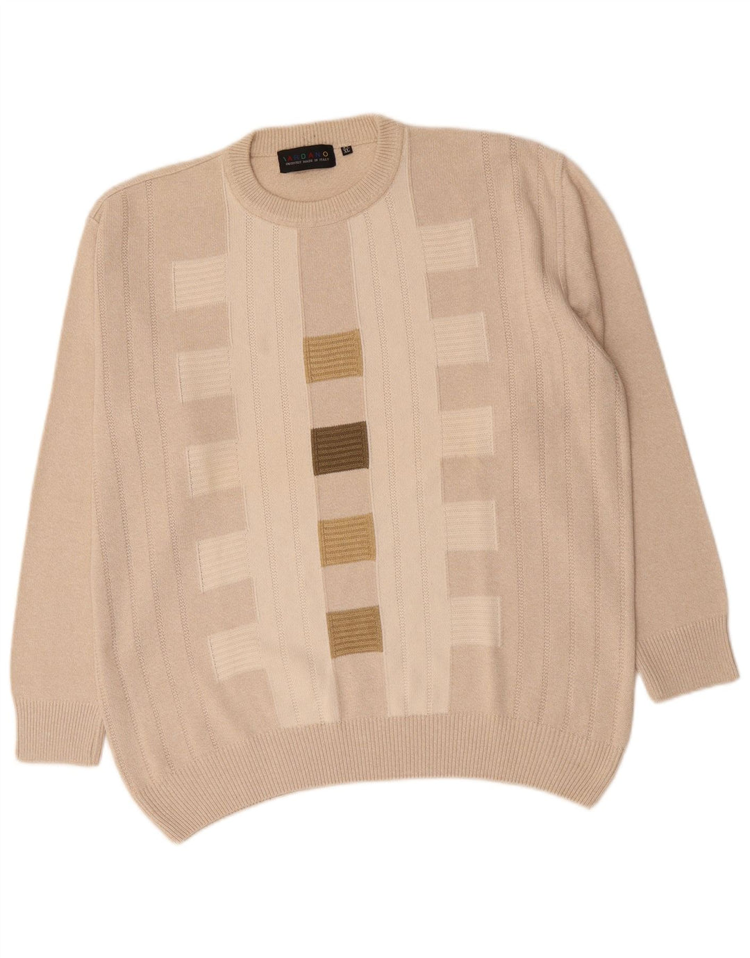 DARDANO Mens Crew Neck Jumper Sweater XL Beige Geometric Cotton