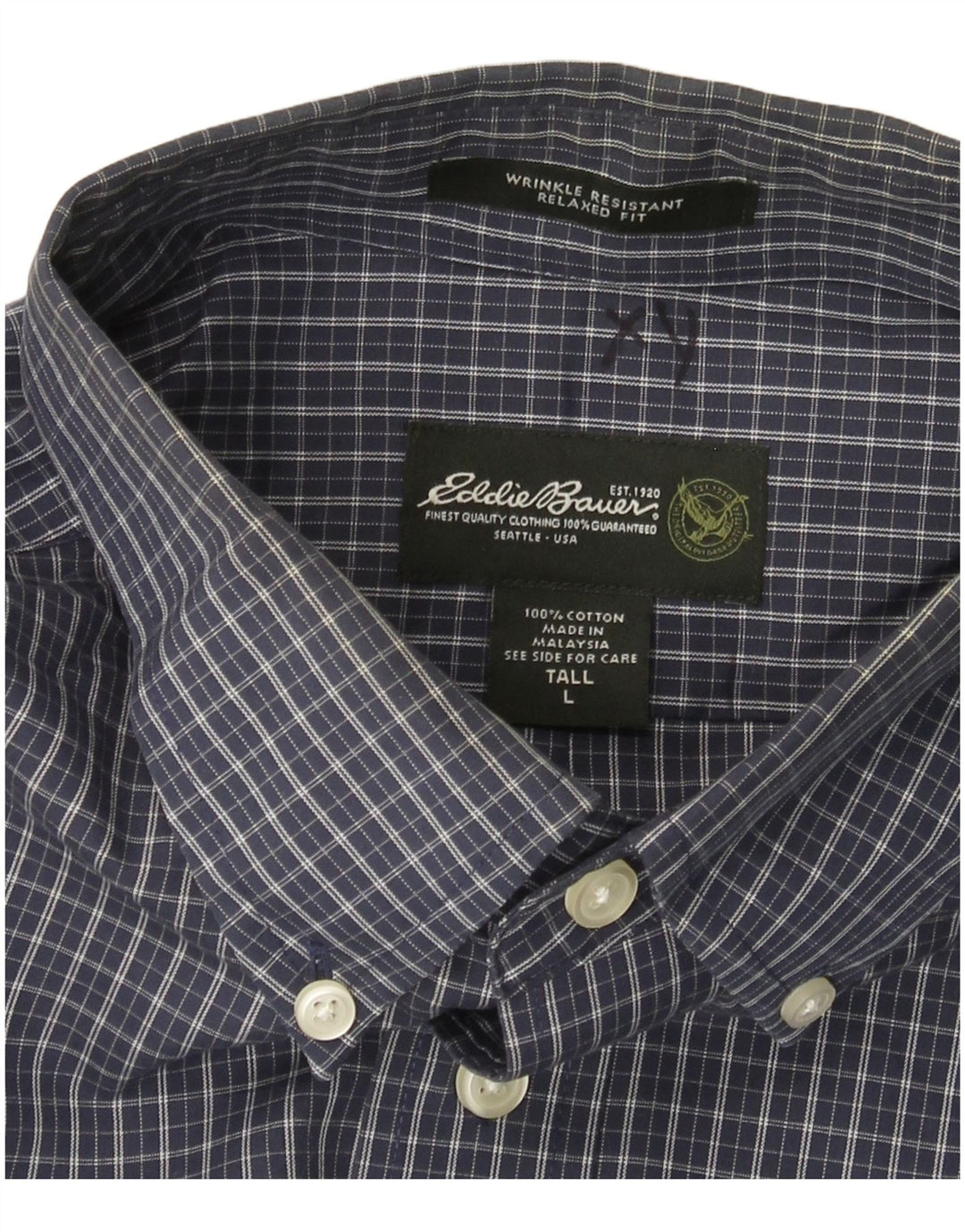 EDDIE BAUER Mens Tall Relaxed Fit Shirt Large Navy Blue Check Cotton