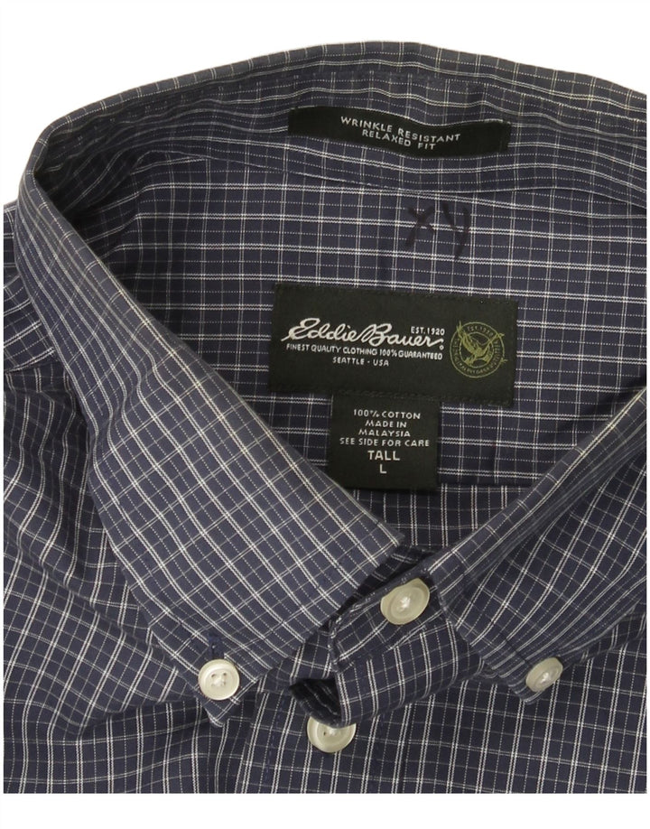 EDDIE BAUER Mens Tall Relaxed Fit Shirt Large Navy Blue Check Cotton