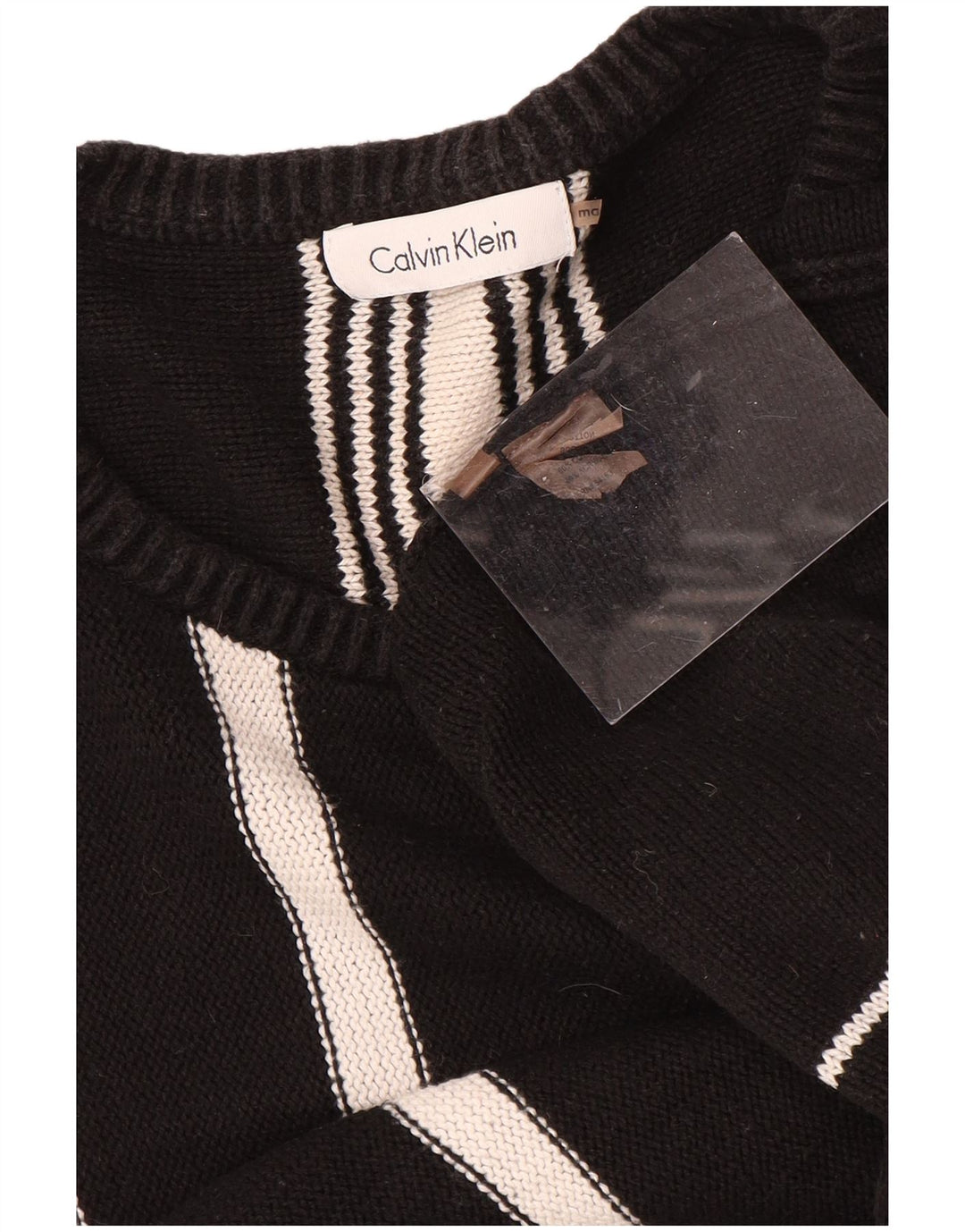 CALVIN KLEIN Mens Boat Neck Jumper Sweater Medium Black Striped Cotton