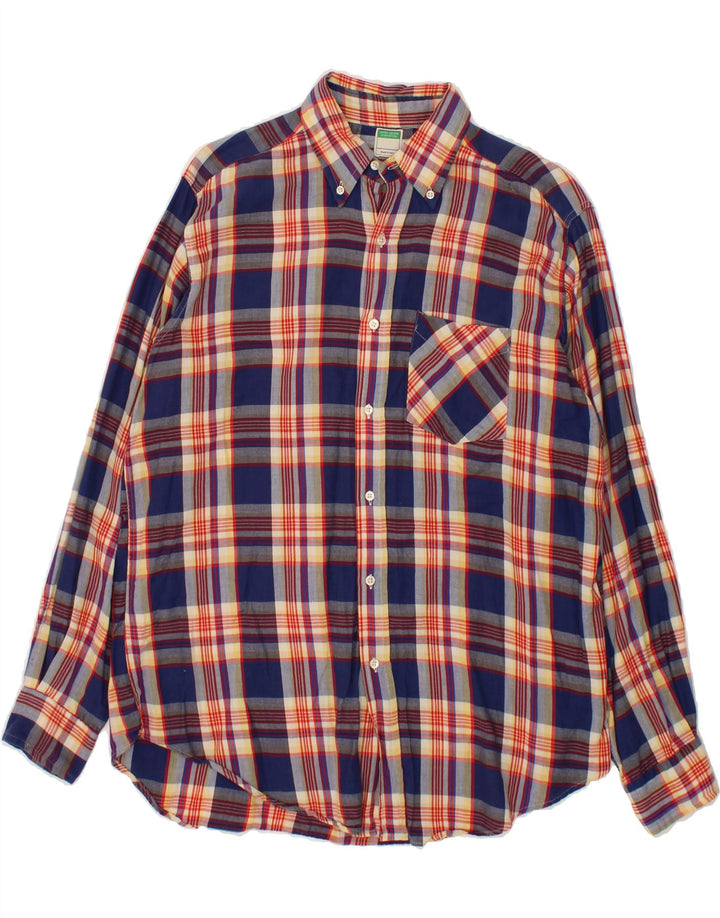 BENETTON Mens Flannel Shirt Medium Navy Blue Check Cotton Vintage Benetton and Second-Hand Benetton from Messina Hembry 