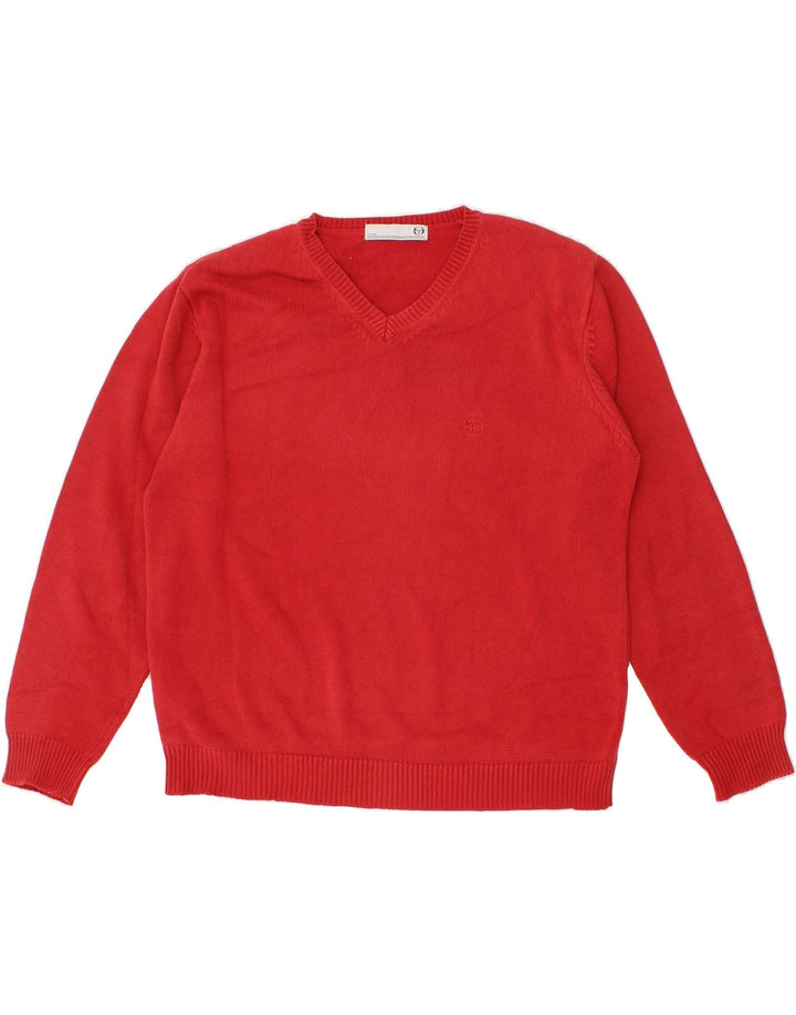 SERGIO TACCHINI Mens V-Neck Jumper Sweater Large Red Cotton Vintage Sergio Tacchini and Second-Hand Sergio Tacchini from Messina Hembry 