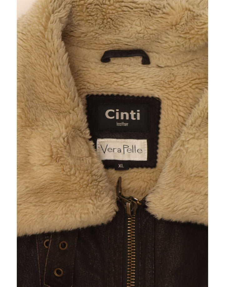 CINTI Mens Sherpa Leather Jacket UK 42 XL Brown