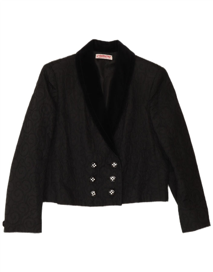 VINTAGE Womens Double Breasted Blazer Jacket UK 14 Medium Black Paisley