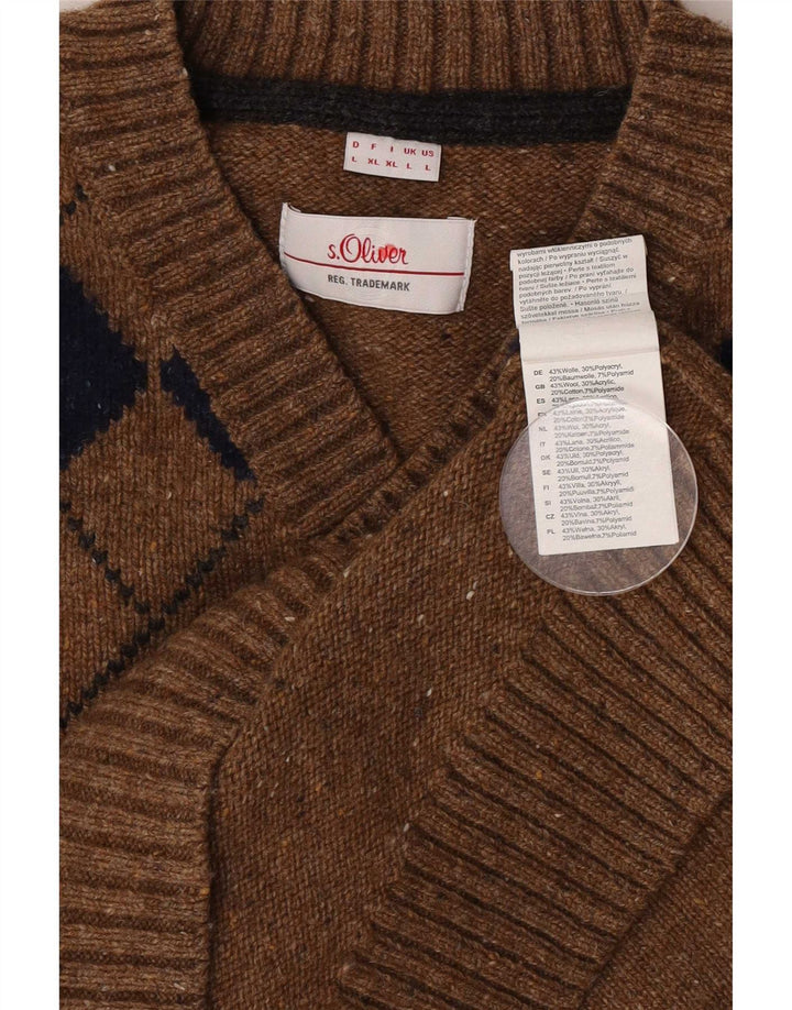 S.Oliver Mens V-Neck Jumper Sweater Large Brown Argyle/Diamond Wool
