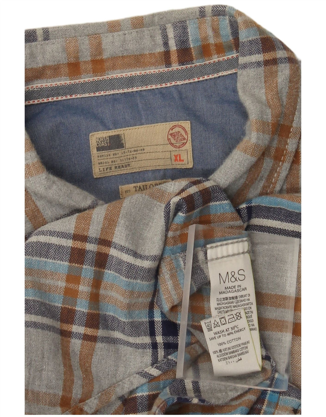 Marks & Spencer Mens Tailored Flannel Shirt XL Grey Check Cotton