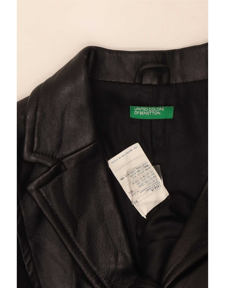 Benetton Womens 3 Button Leather Blazer Jacket IT 42 Medium Black Leather