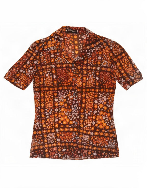 Vintage Womens Short Sleeve Shirt Blouse UK 8 Small Brown Floral