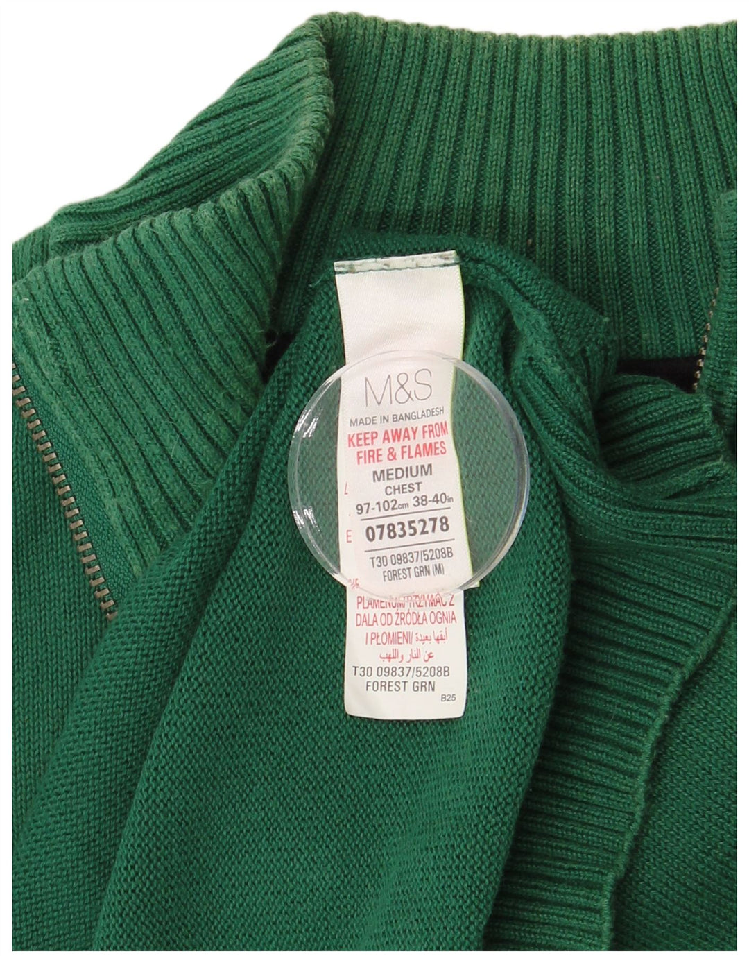 MARKS & SPENCER Mens Zip Neck Jumper Sweater Medium Green Cotton