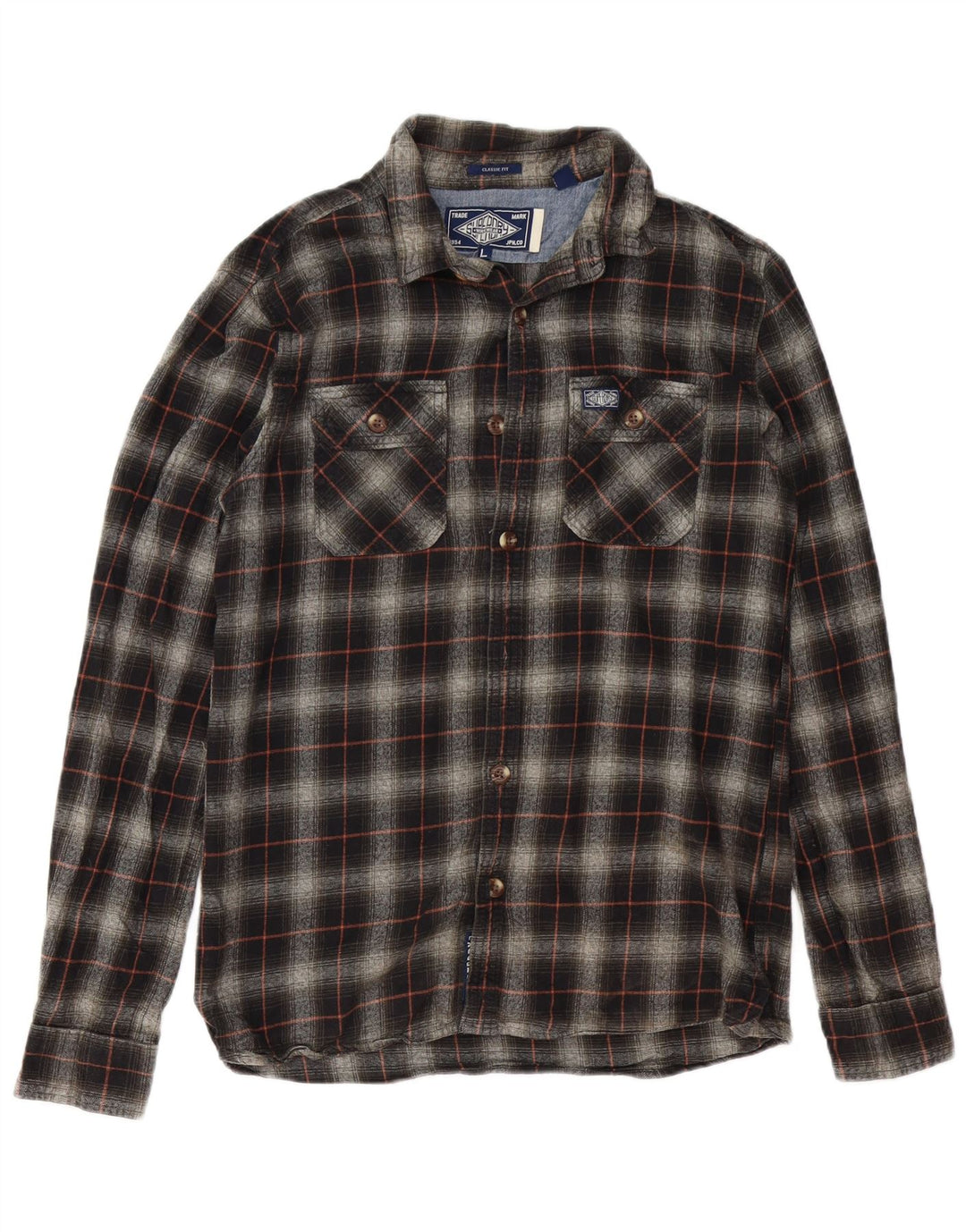 SUPERDRY Mens Classic Fit Flannel Shirt Large Black Check Cotton