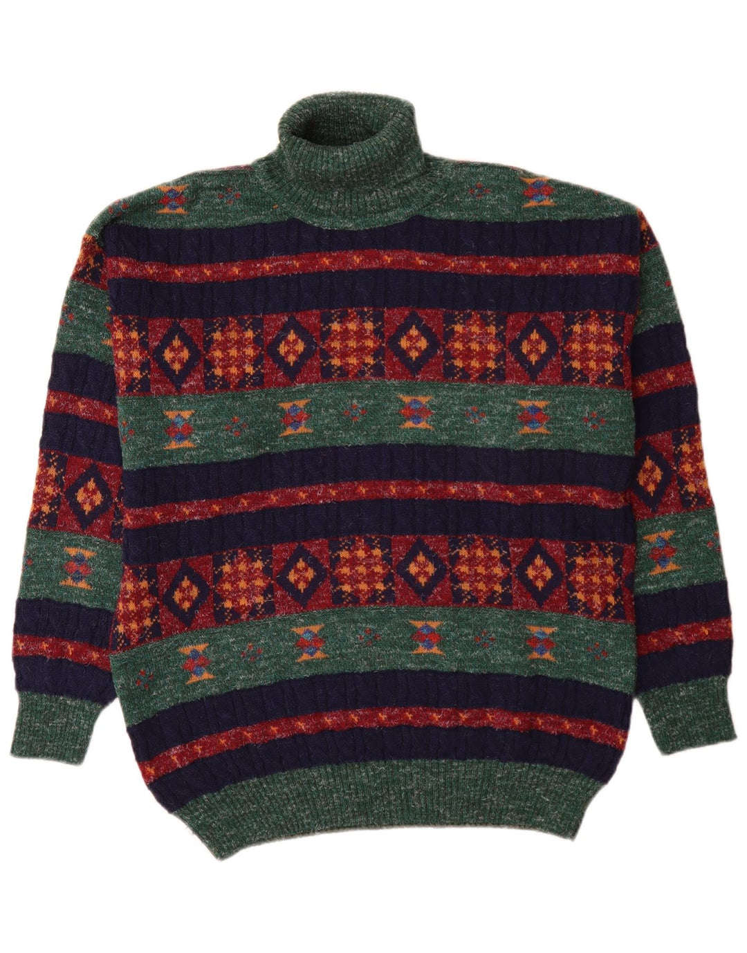 Vintage Mens Roll Neck Jumper Sweater Medium Green Geometric Alpaca Wool