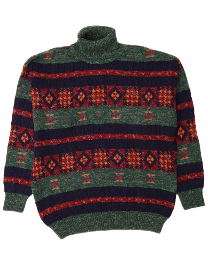 Vintage Mens Roll Neck Jumper Sweater Medium Green Geometric Alpaca Wool