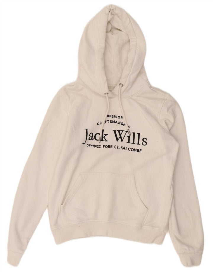 JACK WILLS Womens Crop Graphic Hoodie Jumper UK 8 Small White Cotton