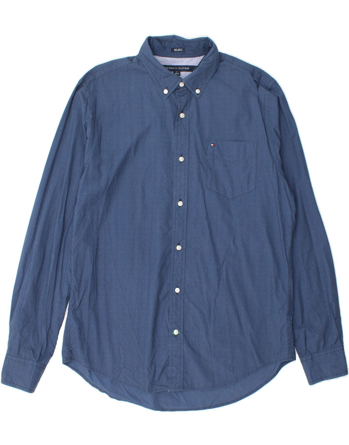 TOMMY HILFIGER Mens Custom Fit Shirt Medium Navy Blue Spotted Cotton Vintage Tommy Hilfiger and Second-Hand Tommy Hilfiger from Messina Hembry 