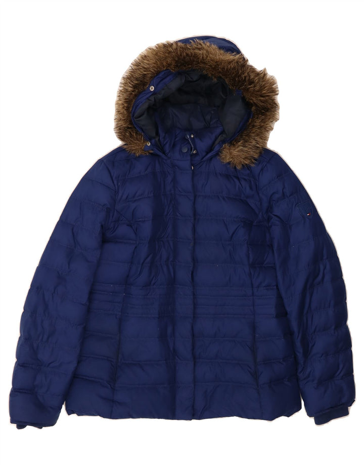 TOMMY HILFIGER Womens Hooded Padded Jacket UK 16 Large Blue Polyester Vintage Tommy Hilfiger and Second-Hand Tommy Hilfiger from Messina Hembry 