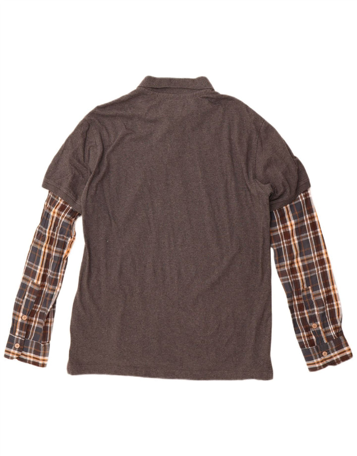 Desigual Mens Long Sleeve Regular Polo Shirt XL Grey Check Cotton